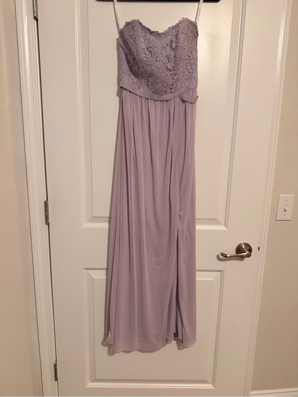 David's Bridal Lavender Strapless Lace Bodice Gown